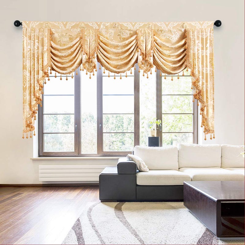 ELKCA Golden Jacquard Swag Waterfall Valance Luxury Curtain Valance for Living Room,Rod Pocket (Damask-Golden, W79 Inch, 1 Panel) - Image 1